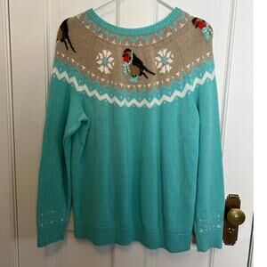 Talbots Snow Bird Print Sweater Lambswool Blend Fair Isle Teal Crew Women's XL
